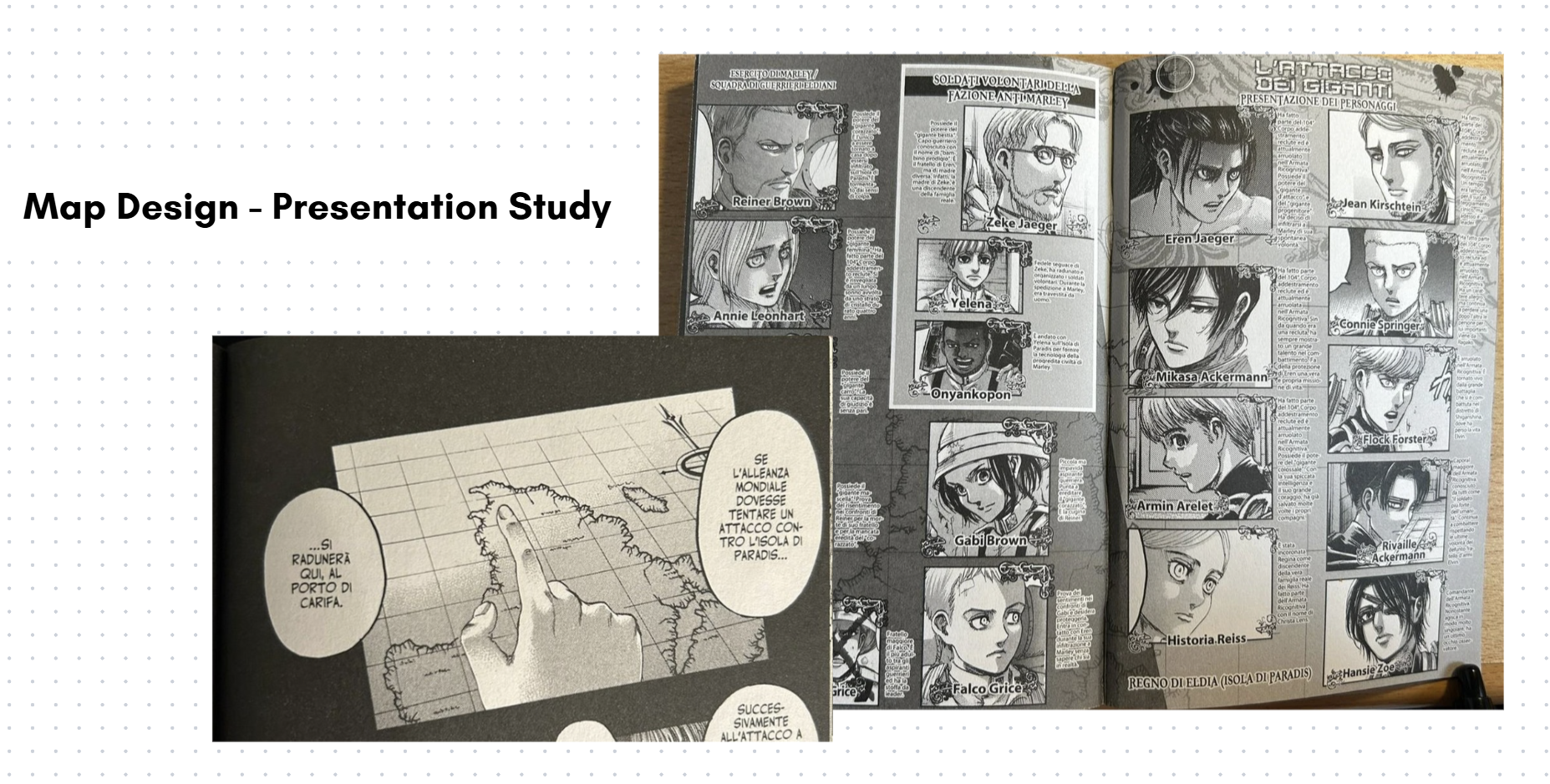 Pictures of manga map and presentation of characters page from manga vol. 32
