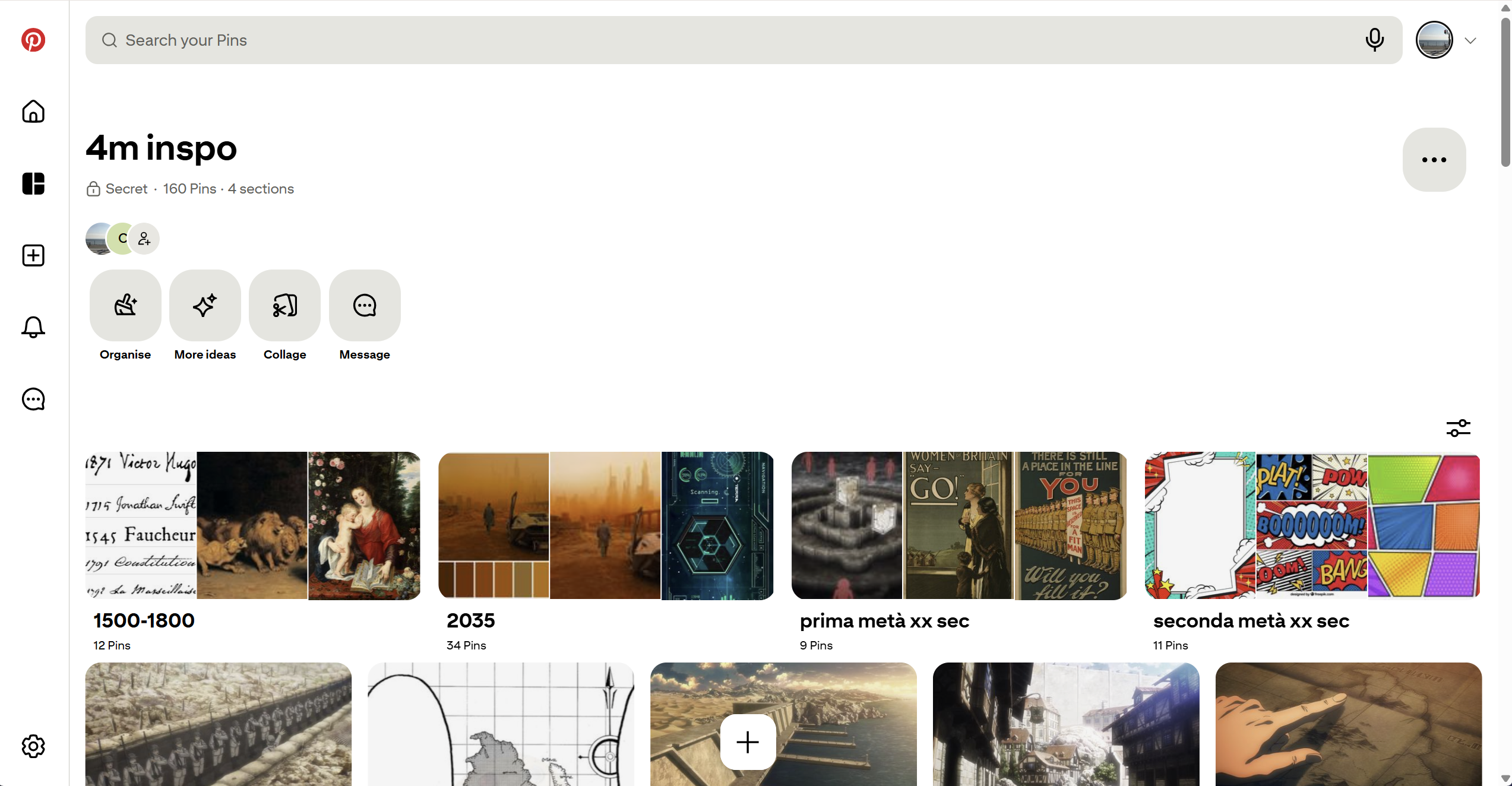 Screenshot of Pinterest board with inspirations for the themes